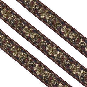 10 Yard Vintage Jacquard Ribbon Black Jacquard Trim with Gold & Red Embroidery B - Picture 1 of 7