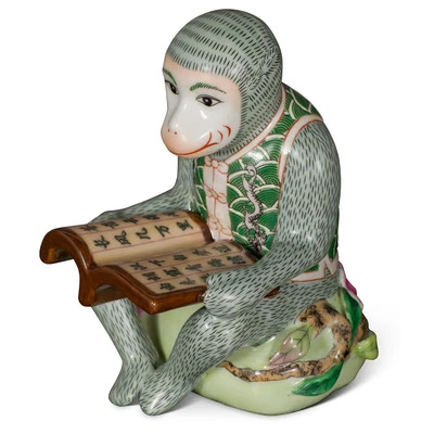 US SELLER - Green Porcelain Monkey Reading Book Figurine - Image 1 of 4