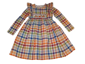 Bonnie Jean Girls Size 6 Smocked Pumpkin Dress Fall Plaid Long Sleeve Ruffle - Picture 1 of 6