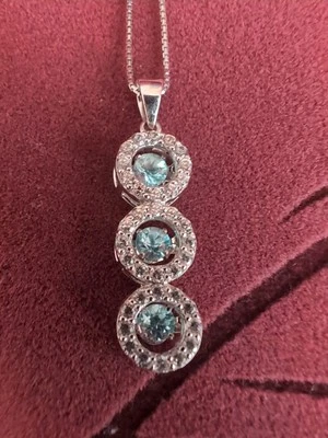 Sterling Silver 925 Blue & White Zircon Dancing Pendant w/Adjustable Box Chain - Image 1 of 4