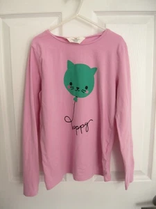 H&M Happy Green Balloon Cat Kitten Pink Long Sleeve T-Shirt Girls Size 8/10 - Picture 1 of 3