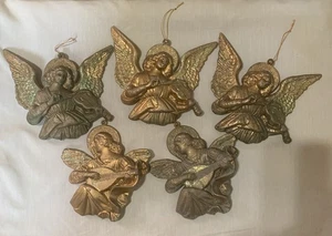 Lotto 5 Angeli Oro Plastica Glitter Violino Chitarra Appesi Decorazione Albero Parete - Foto 1 di 11