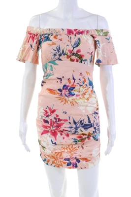 Nicole Miller Womens Back Zip Short Sleeve Floral Linen Dress Peach Multi Size 0 - Image 1 of 4