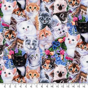 4 David Textiles Garden Kittens Cotton Fabric Fat Quarters - Picture 1 of 1