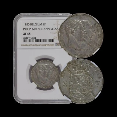 BELGIUM. 1880, 2 Francs, Silver - NGC XF45 - Leopold II, Cross on Crown - Image 1 of 4