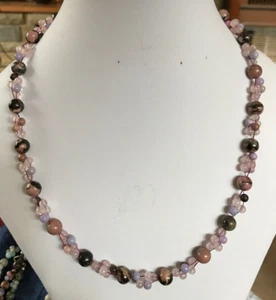 Rhodonite, Rose Quartz & Lilac Opal Bead Woven 19" Necklace with SP Clasp - Picture 1 of 4
