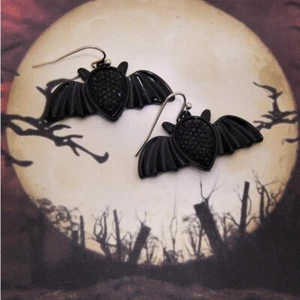 HALLOWEEN-FLYING BLACK BAT HOOK BACK EARRINGS-MEDIUM - Picture 1 of 4