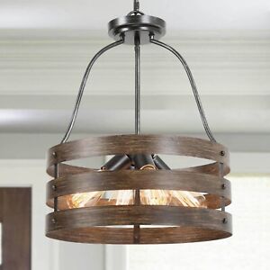 LNC 4-Light Brushed Silver and Distressed Wood Tone Farmhouse Drum Pendant Light