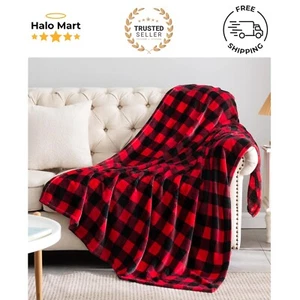 Cozy Buffalo Plaid Fleece Throw Blanket - Elegant Red & Black Checkered Style - Picture 1 of 11