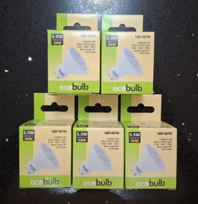 Ecobulbs  LED 5-Pack GU10 BASE Warm White 5.5W=50W 430 LUMENS LIFE SPAN 36,000 - Image 1 of 4