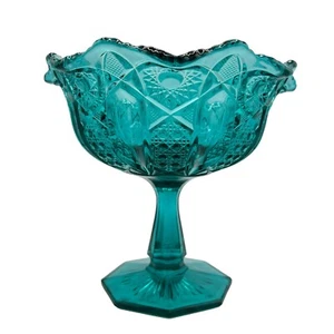 L E Smith Heritage Quintec Peacock Aqua Blue Glass Pedestal Compote Candy Dish - Picture 1 of 16