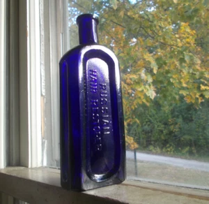 RARE DEEP COBALT RUSSIAN HAIR RESTORER 1890s PANELED UK HAIR BOTTLE HAND BLOWN - Picture 1 of 7