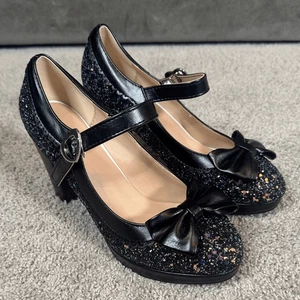 Damen Schwarz Glitzer Mary Jane High Heels Schleife Detail Größe 8 (EU 39) NEU - Bild 1 von 15