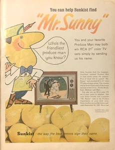 1965 Sunkist Lemons PRINT AD Mr Sunny Friendly Produce Man VTG 1960s RCA TV - Picture 1 of 5