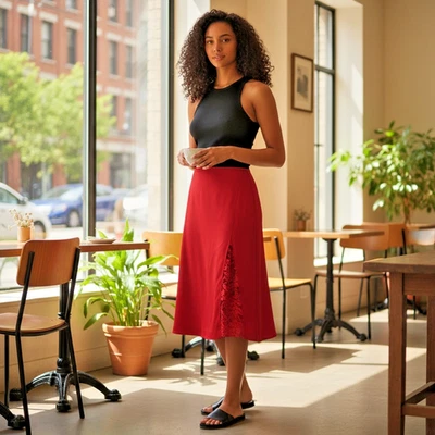 Apostrophe Women's Size 16 Red A-Line Skirt with Side Slit Lace Inset Detail - Image 1 of 4