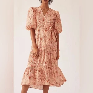 Anthropologie x Hutch V-neck Puff Sleeve Tiered Wrap Midi Dress Brown Size L - Picture 1 of 12