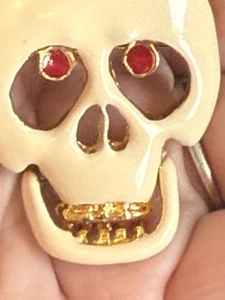 Vintage Skelett Dena Craft rote Augen Scharnier Kiefer Gold Zähne, die bewegen Brosche MK-1 - Bild 1 von 4