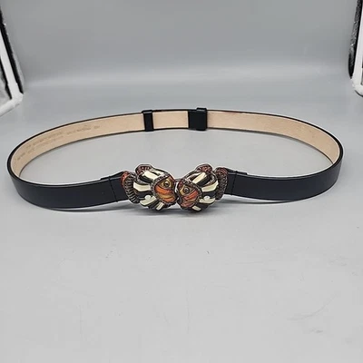 Chico's 黑色皮革可调节皮带带珐琅和水钻鱼扣小号 — 第 1/4 张图片