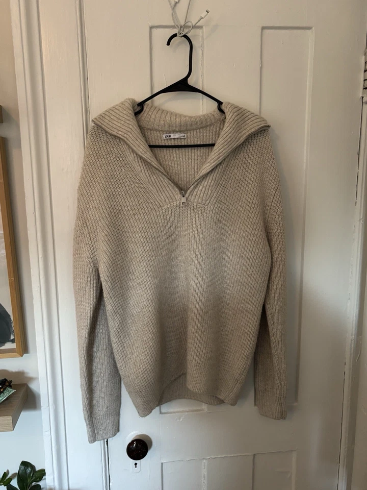 Zara Ribbed Mens Quarter-Zip Size Medium. Cream/beige Color. - Image 1 of 4