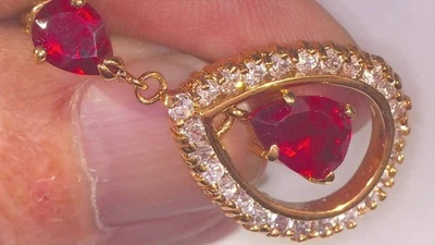 18K Yellow Gold Plate Faux Ruby & Faux Diamond Halo Dangle Earrings - Image 1 of 4
