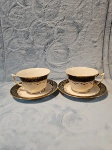 Vintage Limoges French Decoration 2 Tea Cups And 2 Saucers Black With Gold Trim - Picture 1 of 5