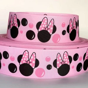 GROSGRAIN RIBBON 5/8", 7/8",1.5", 3"  Minnie Mouse White Pink Black Bow Printed  - Picture 1 of 3