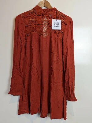 Some Days Lovin' Burnt Orange Long Sleeve Lace Detail Playsuit Romper Size S - Image 1 of 4