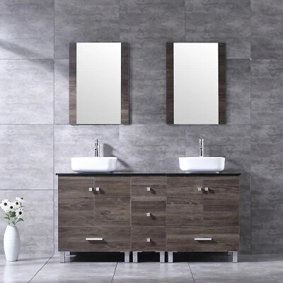 Mueble lavabo doble tocador de baño de 60" armario de madera marrón con juego de desagüe de grifo Foto 1 de 4