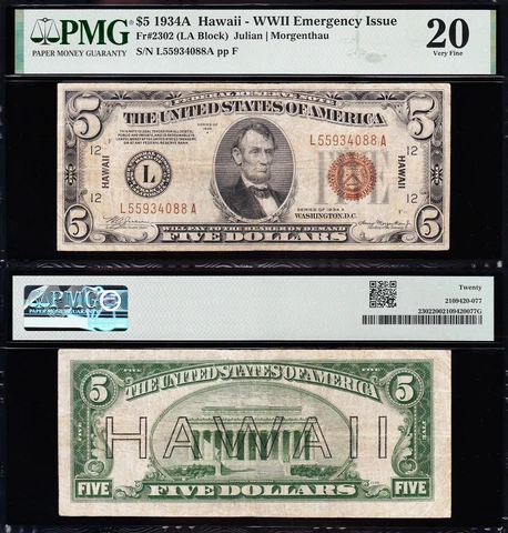 AWESOME Bold & Crisp VF 1934 A $5 HAWAII Fed Reserve Note! PMG 20! L55934088A Cover