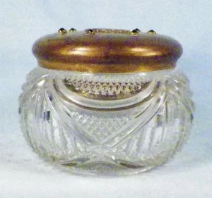Glass Powder Jar Brass Enamel Lid Green Rhinestones Drapes Diamonds Antique - Picture 1 of 9