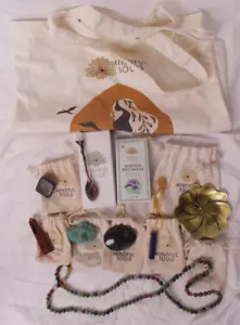Mindful Souls misc items: 6 crystals, 3 jewelry, canvas bag, spoon, patchouli - Picture 1 of 4