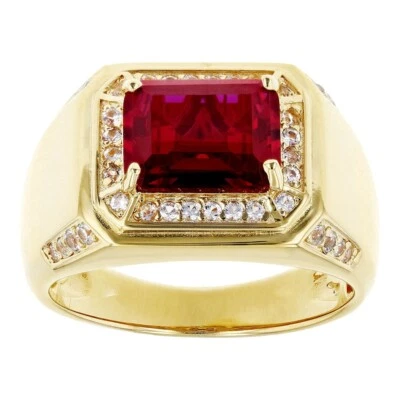 Anillo de banda con halo enchapado en oro amarillo de 14 quilates rubí creado corte esmeralda de 3,82 quilates para hombre Foto 1 de 4