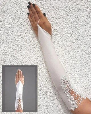 Braut Handschuhe 30-40cm Kommunion Braut Weiß,Cremig und m Stickerei Hochzeit 32 - Bild 1 von 4