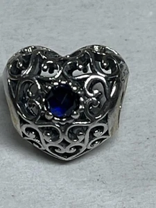 Pandora Echt Sterling Silber Verziert Schnörkel Saphir Herz Italienisch Charm - Bild 1 von 3