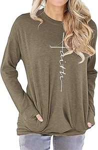 Women'S Casual Faith Printed round Neck Sweatshirt T-Shirts Tops Blouse with Poc - Picture 1 of 12