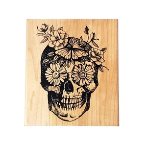 Floral Skull Rubber Stamp, Dia de los Muertos Skull, Day of the Dead Skull Stamp - Picture 1 of 3