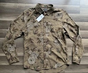 NWT Guess Men’s Paper Floral Long Sleeve Shirt Sz Med Slim Fit Brown Button - Picture 1 of 6
