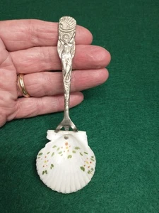 ART NOUVEAU Mermaid Handle Handpainted Caviar Spoon Clam Shell US Sterling Co - Picture 1 of 7