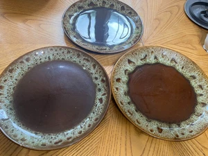VTG  LOT #3 OF THREE RAWHIDE BY HARKER  POTTERY  BROWN DRIP GLAZE 9 3/4" PLATES - Picture 1 of 6