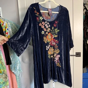 Johnny Was blau Blumen bestickt Samt Tunika Top oder Kleid Viskose Seide - Bild 1 von 3