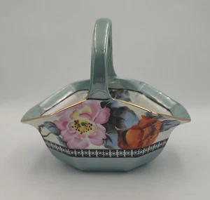 Porcelain Green Floral Opalescent Small Trinket Basket - Made in Japan - Picture 1 of 7