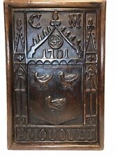 Antique Large Exceptional Carved Wood Panel Family Crest Dated 1701