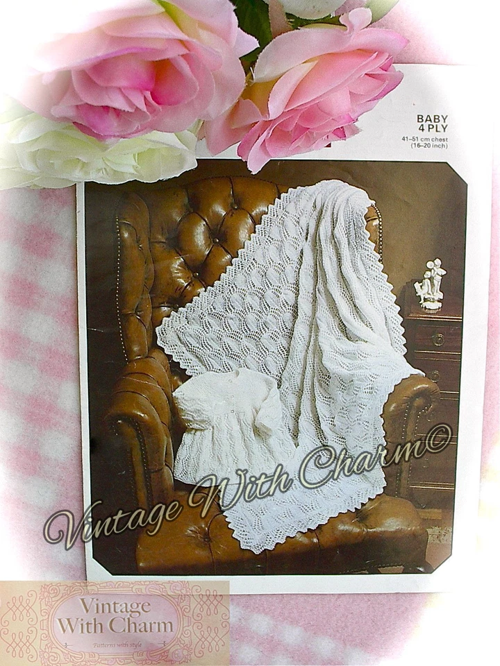 Vintage Knitting Pattern Baby's Shawl In 4-Ply & Matinee Coat - Image 1 of 1
