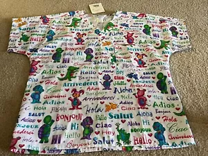 New Adorable Cartoon Animal HELLO Simply Basic Scrub Top Polyester/Cotton Sz Sm - Picture 1 of 5