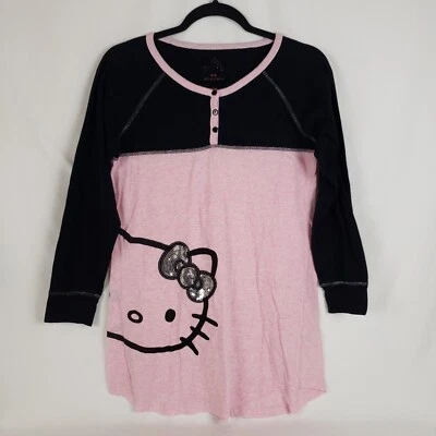 Hello Kitty Pajama Shirt Womens Medium Pink & Black Sequin Face 3/4 Sleeve - Image 1 of 4