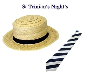 STRAW BOATER HAT TIE ADULTS SCHOOL GIRL BOY ST TRINIANS FANCY DRESS COSTUME  - Picture 1 of 4