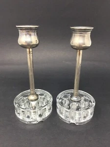Set of 2 Glass Flower Frog 5.75" Silverplate Candlestick Holders Made in Japan - Picture 1 of 10