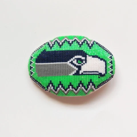 Native American Seattle Seahawks NFL Green & Navy Blue Hand Beaded Belt Buckle Cover