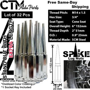 32Pc 6" TALL CHROME M14x1.5 XL SPIKE LUG NUT+KEY FIT SIERRA 2500/3500 YUKON 2500 - Picture 1 of 2