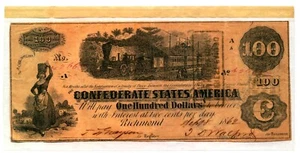 ESTADOS UNIDOS CONFEDERADO $100 1862 "INTERESES PAGADOS" MONTGOMERY & JACKSON - Imagen 1 de 2
